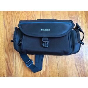 Ambico Black Padded Camera Bag Shoulder Strap Adjustable Divider Blue Trim